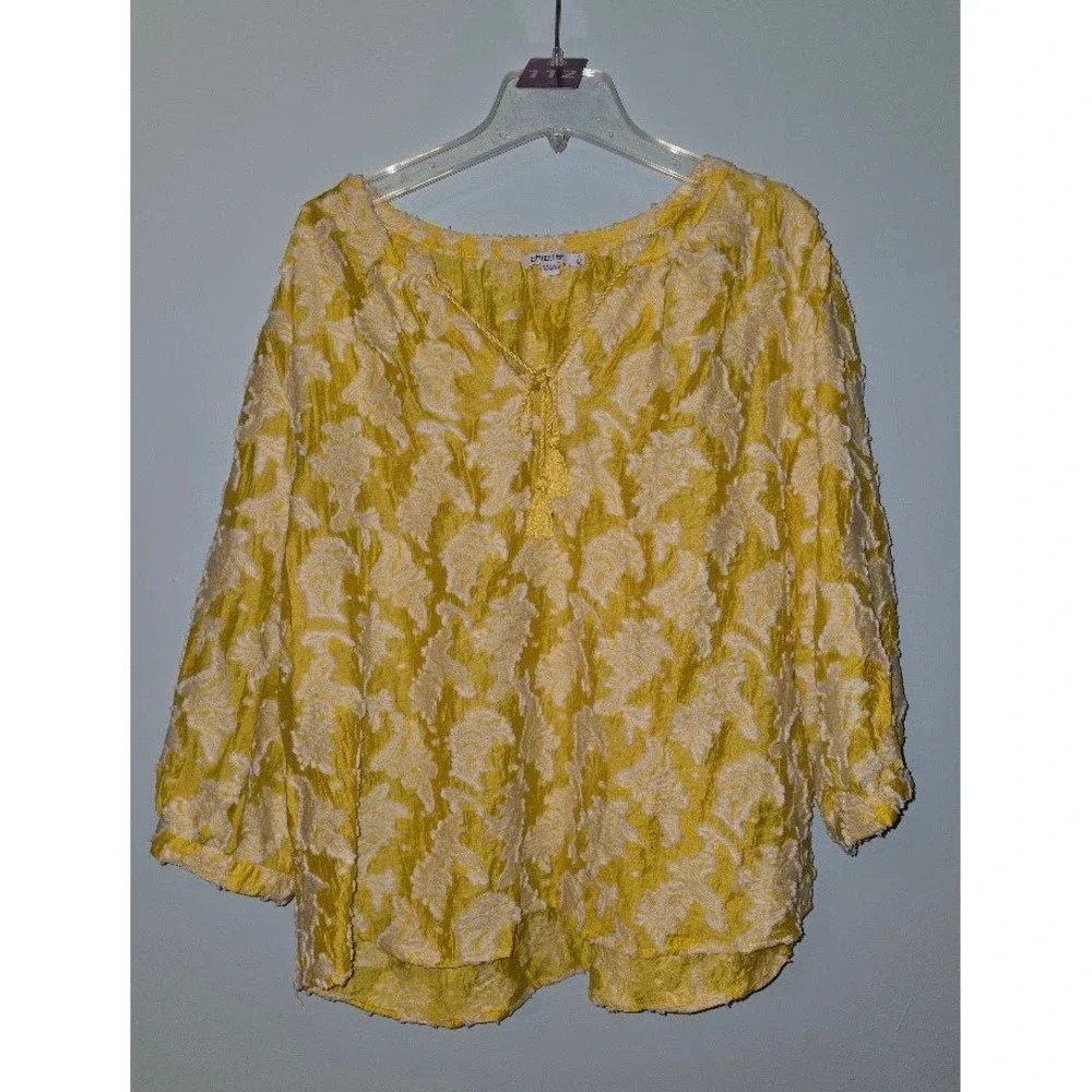 Chico's Womens Blouse Yellow White Paisley Textured Tassel Light Plus Size 4/20